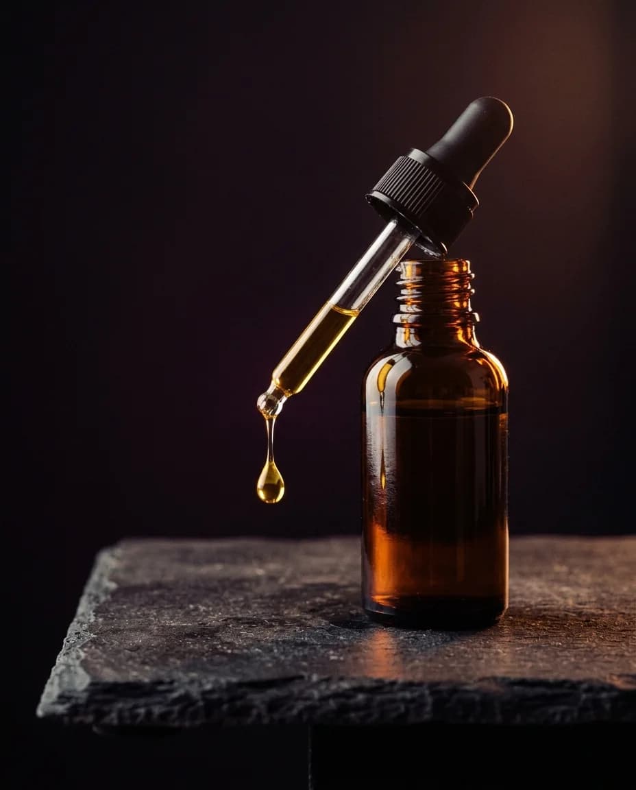 Gota de aceite dorado cayendo de un gotero ámbar